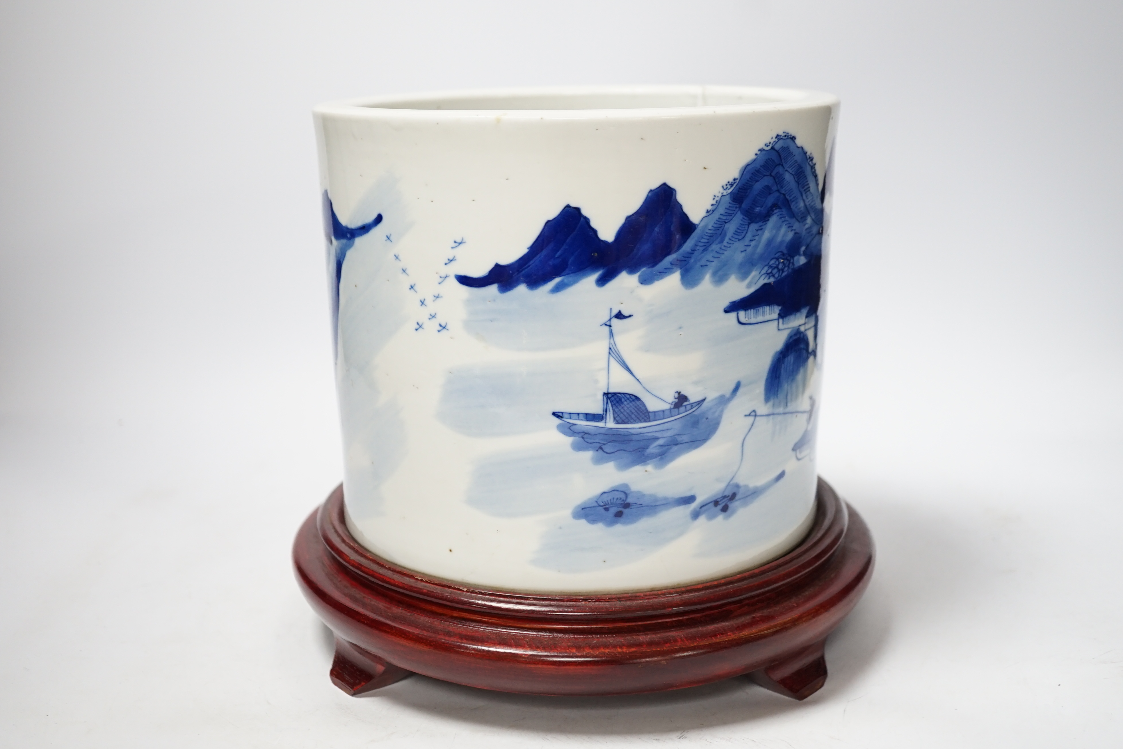 A Chinese blue and white ‘landscape’ cylindrical brushpot, bitong, 19th century